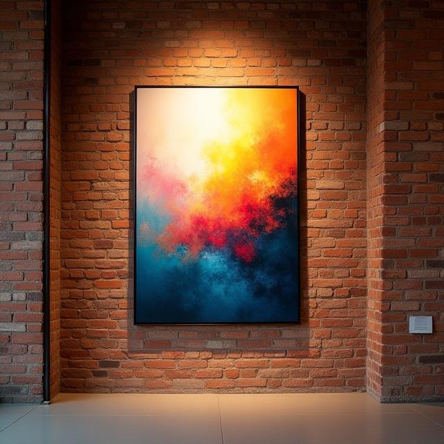Un quadro astratto appeso su una parete di mattoni esposti all'interno dello spazio culturale.